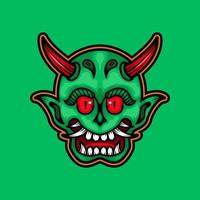 illustration d'une tête de démon vert avec des cornes rouges, des yeux rouges et des crocs blancs. adapté à la conception de mascotte, de logo ou de t-shirt vecteur