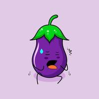 personnage d'aubergine mignon avec une expression effrayée et asseyez-vous. vert et violet. adapté à l'émoticône, au logo, à la mascotte ou à l'autocollant vecteur