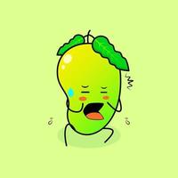 personnage de mangue mignon avec une expression effrayée et asseyez-vous. vert et orange. adapté à l'émoticône, au logo, à la mascotte ou à l'autocollant vecteur