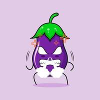 personnage d'aubergine mignon avec une expression de colère. nez soufflant de la fumée, yeux exorbités et souriants. vert et violet. adapté pour émoticône, logo, mascotte vecteur