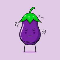 personnage d'aubergine mignon avec une expression de pensée et des yeux fermés. vert et violet. adapté pour émoticône, logo, mascotte vecteur