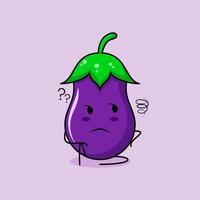 personnage d'aubergine mignon avec une expression de pensée et asseyez-vous. vert et violet. adapté pour émoticône, logo, mascotte vecteur