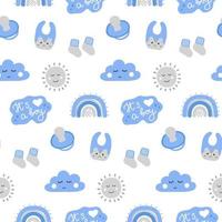 joli motif bleu harmonieux de garçon nouveau-né pour la douche de bébé et la fête de genre dans un style dessiné à la main. conception d'accouchement pour affiche, invitation, album. vecteur