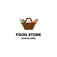 concept de conception de logo de magasin d'alimentation, illustration de logo d'épicerie, panier avec logo alimentaire vecteur