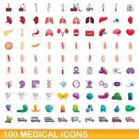 Ensemble de 100 icônes médicales, style cartoon vecteur