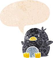 pingouin de dessin animé mignon et bulle de dialogue dans un style texturé rétro vecteur