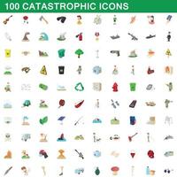 Ensemble de 100 icônes catastrophiques, style cartoon vecteur