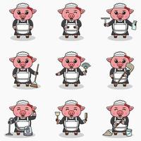 illustration vectorielle de cochon mignon avec uniforme de femme de chambre. conception de personnages animaux. cochon avec équipement de nettoyage. ensemble de personnages mignons de cochon. vecteur