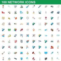 Ensemble de 100 icônes réseau, style dessin animé vecteur