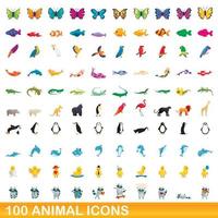 Ensemble de 100 icônes d'animaux, style dessin animé vecteur