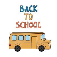 doodle d'autobus scolaire isolé. texte dessiné à la main de retour à l'école. illustration vectorielle de contour vecteur