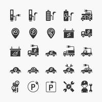 logo de véhicule électrique jeu d'icônes noir plat. icône de la technologie de l'énergie propre ev eco. vecteur de conception simple