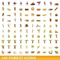 Ensemble de 100 icônes de forêt, style cartoon vecteur
