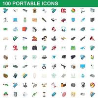 Ensemble de 100 icônes portables, style dessin animé vecteur