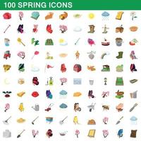 Ensemble de 100 icônes de printemps, style cartoon vecteur