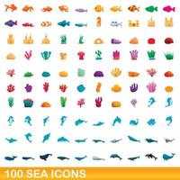 Ensemble de 100 icônes de la mer, style cartoon vecteur