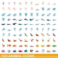 Ensemble de 100 icônes d'animaux, style dessin animé vecteur