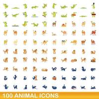 Ensemble de 100 icônes d'animaux, style dessin animé vecteur