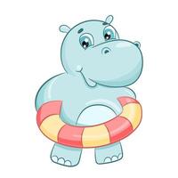 hippopotame mignon dessiné à la main avec illustration vectorielle de cercle de natation. hippopotame de dessin animé isolé sur fond blanc. personnage de bébé mignon pour l'impression, les cartes postales et les invitations vecteur