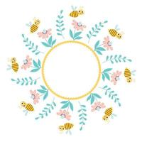 carte florale, cadre rond avec abeille mignonne, fleur et plantes. illustration vectorielle pour l'impression, les serviettes, les cartes rondes, la décoration et le design. vecteur
