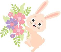 mignon lapin avec bouquet de fleurs vecteur