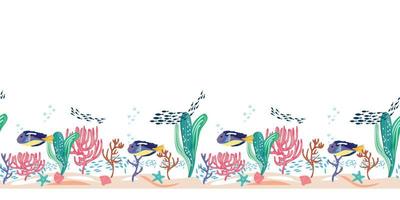 aquarium de poissons avec poissons bleus, étoiles de mer, coquillages et coraux. motif horizontal sans couture avec des poissons et des objets sous-marins sur fond blanc. pour le textile, les cartes, les surfaces design, l'emballage. vecteur