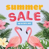 bannière de vente d'été avec des flamants roses dans la nature tropicale. pour les arrière-plans, les publicités, les bannières, les cartes, les bons. vecteur