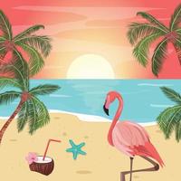 belle illustration de coucher de soleil avec plage, palmiers, flamant rose, cocktail de noix de coco et étoile de mer. coucher de soleil tropical d'été pour cartes, bannières, arrière-plans. voyage, illustration de concept de vacances. vecteur