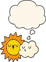 dessin animé soleil et nuage et bulle de pensée dans le style de la bande dessinée vecteur