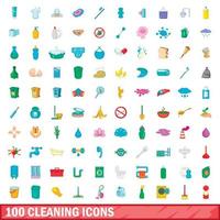 Ensemble de 100 icônes de nettoyage, style cartoon vecteur