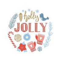 joyeux noël et bonne année carte de voeux dessinée à la main. jolie affiche avec lettrage holly jolly et éléments décoratifs. illustration vectorielle. vecteur