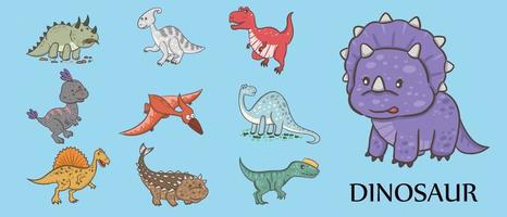 clipart ensemble de mignons dinosaures colorés. t-rex, diplodocus, tricératops, illustration vectorielle en style cartoon.