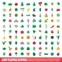 Ensemble de 100 icônes de flore, style dessin animé vecteur