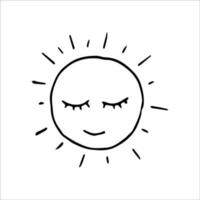 doodle dessiné à la main soleil souriant. vecteur soleil mignon noir et blanc. présenter.