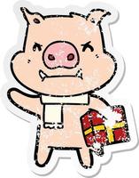 autocollant en détresse d'un cochon de dessin animé en colère avec un cadeau de noël vecteur