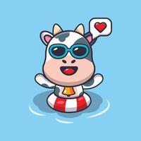 mignon, vache, dessin animé, mascotte, caractère, natation, sur, piscine vecteur