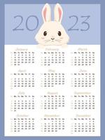 calendrier 2023 avec signe du zodiaque, année du lapin, avec un joli lapin blanc cartoone vecteur