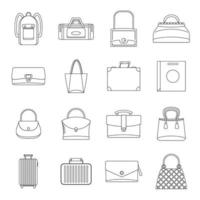 sac, bagages, valise, icônes, ensemble, contour, style vecteur