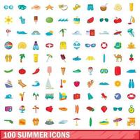 Ensemble de 100 icônes d'été, style cartoon vecteur