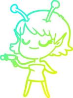 dessin de ligne de gradient froid fille extraterrestre souriante dessin animé pointant un pistolet à rayons vecteur