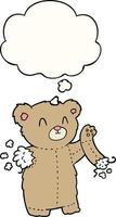ours en peluche dessin animé avec bras déchiré et bulle de pensée vecteur