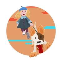 drôle adolescente blonde promener un chien. thème de l'automne. illustration de dessin animé de vecteur. vecteur