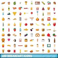 Ensemble de 100 icônes de petit-déjeuner, style cartoon vecteur