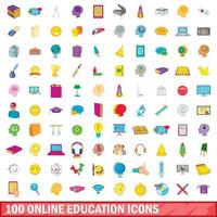 Ensemble de 100 icônes d'éducation en ligne, style cartoon vecteur