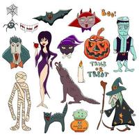 jeu d'halloween de vecteur. personnages d'halloween tels que vampire dracula, vieille sorcière, citrouille jack o lanterne, loup-garou, elvira maîtresse des ténèbres, momie, frankenstein, chat noir, chauve-souris, araignée.