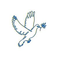 symbole de paix aux couleurs du drapeau ukrainien. soutien du concept de l'ukraine. une colombe d'art en ligne avec une branche d'olivier isolée sur blanc. vecteur