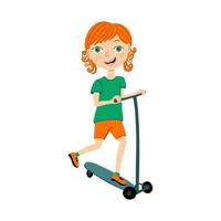 illustration vectorielle d'un garçon souriant heureux faisant du scooter pour enfants. activité sportive des enfants d'été. portrait de style dessin animé isolé sur fond blanc. vecteur