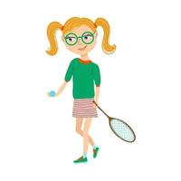 illustration vectorielle d'athlète féminine jouant au tennis. jeune fille avec ballon et raquette. portrait de style dessin animé isolé sur fond blanc. vecteur