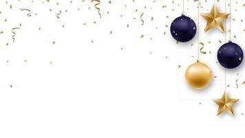 fond de noël avec des boules dorées et bleues brillantes, de la serpentine et des confettis. modèle de conception de nouvel an. vecteur