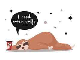 mignon paresseux avec une tasse de café. dessin animé paresseux endormi. illustration vectorielle. vecteur